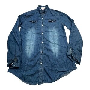 La Reyna‎ Denim Shirt Women's Long Sleeve Button Up US Flag Lining Size S